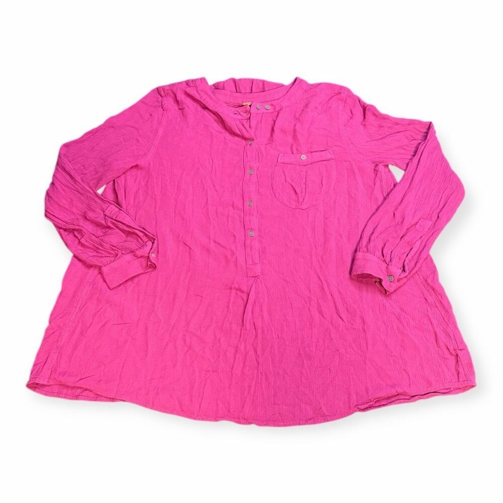 FREE PEOPLE Women’s Pink Long Sleeve Crinkle Button Front Tunic Top Size Small